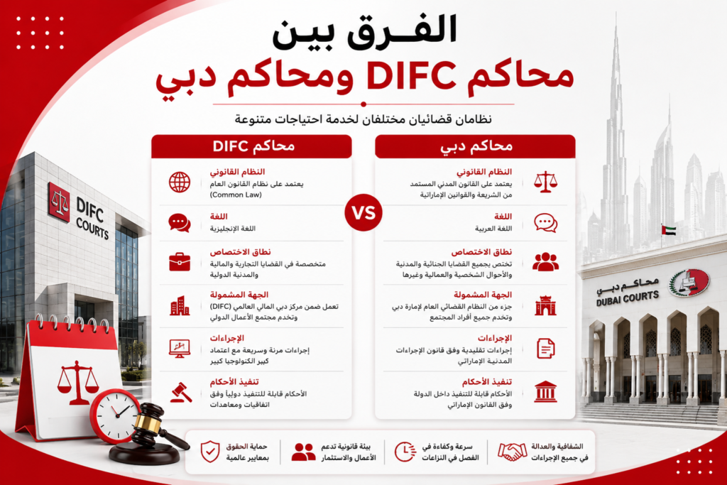 الفرق بين محاكم DIFC ومحاكم دبي